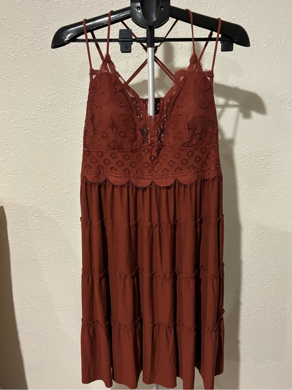 Zenana Outfitters Rust Lace Bodice Tiered Midi Dress